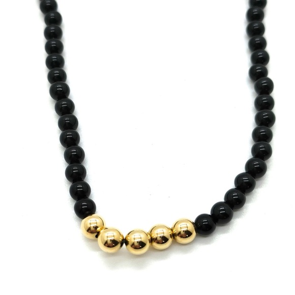 Jewelry - Vintage Black Beads Necklace With 18K Solid Yellow Gold Beads
